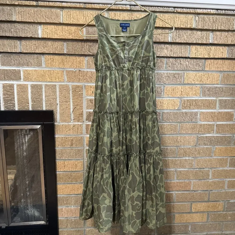 VTG Ralph Lauren Camo Tired Dress Girls Sz 8 Green Cotton Cottagecore